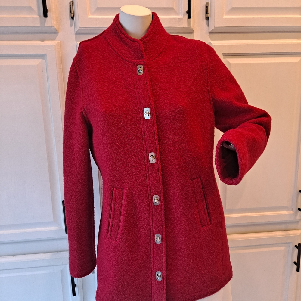 Casual Corner Red Wool Pea Coat with Stand Collar And Unique Buttons
